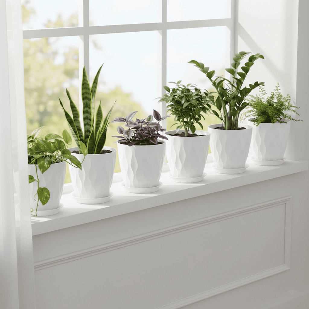 6 Pack 8 Inch Plant Pots , Plastic Flower Pots for Indoor & Outdoor Plants, Planters with Drainage Holes and Saucer (White)