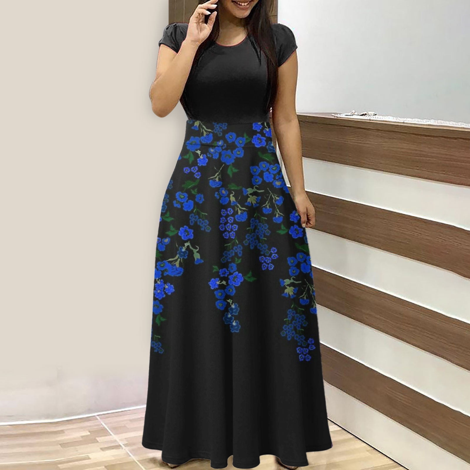 Empire Waist Dresses for Women 2023 Short Sleeve Crewneck Floral Maxi
