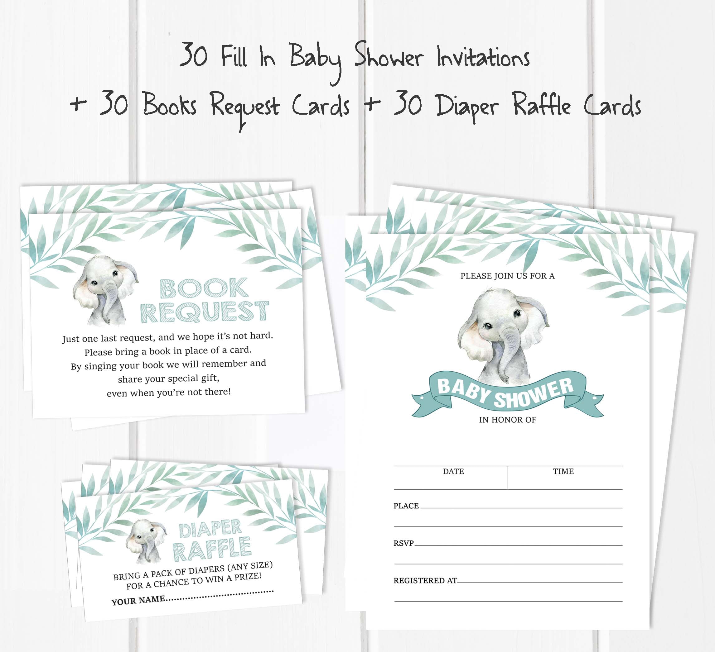 Inkdotpot Set Of 30Baby Shower Invitations-Diaper Raffle Tickets And Baby Shower Book Request Cards Baby Elephant Gender Neutral Invites Its A Boy Its A Girl