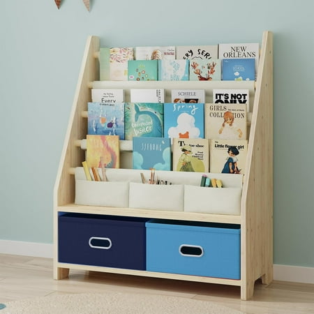 4 Tier Kids Bookshelf with Storage Bins, Solid Wood Toddler Book Shelf and Toy Organizer, Sling Book Rack for Kids Room, Nursery, Playroom, Blue
