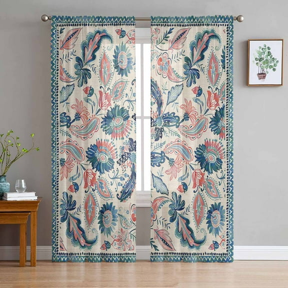 Teal Blue Red Ethnic Sheer Curtains 84 Inches Long 2 Panels Set, Window Sheer Curtains for Living Room/Bedroom, Boho Modern Geometric Abstract Art Light Filtering Rod Pocket Curtain 52'' x 84'' x 2