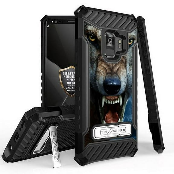 Galaxy S9 Case, Trishield Durable Shockproof High Impact Rugged Armor Phone Cover Built In Kickstand for Samsung Galaxy S9 Only Printed Wild Night Wolf