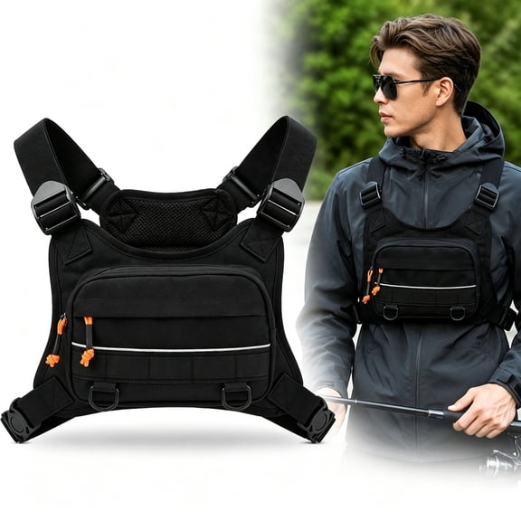 Tactical Chest Bag for Running, Outdoor Chest Pack with Adjustable Straps, Oxford Cloth Crossbody Pouch for Hiking and Cycling, Black, 1 Pack