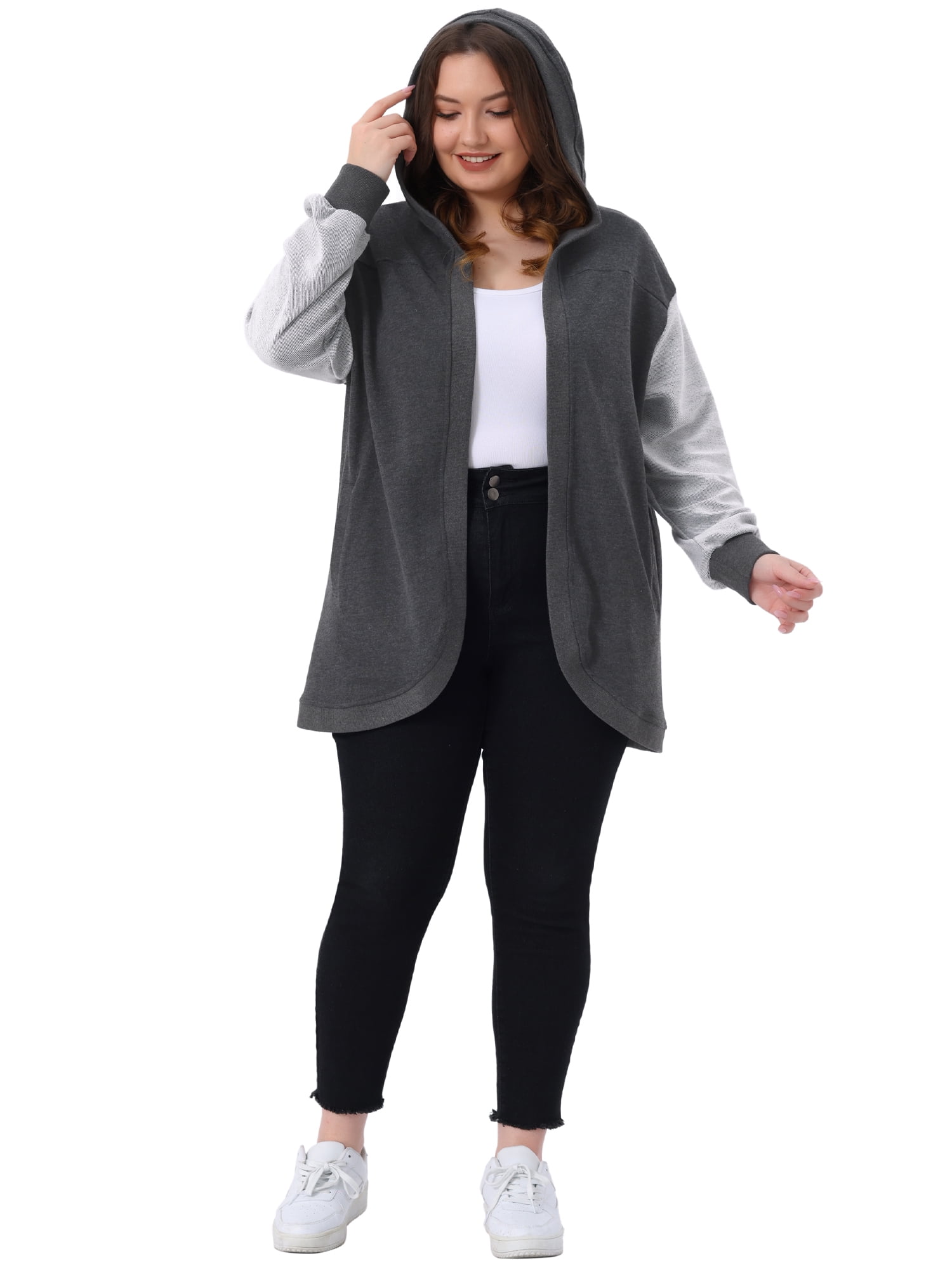 DARING DIVA Plus Size Hooded Open Front Sweatshirt Jacket 1X Dark Grey