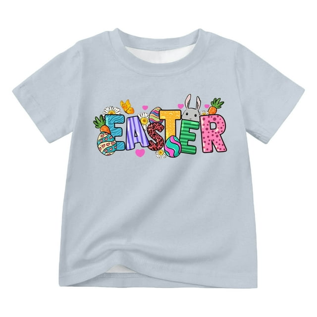 MIASHUI T-Shirt de Pâques pour Garçon et Fille, Manches Courtes, Imprimé Graphique, Gris, 8-9 Ans