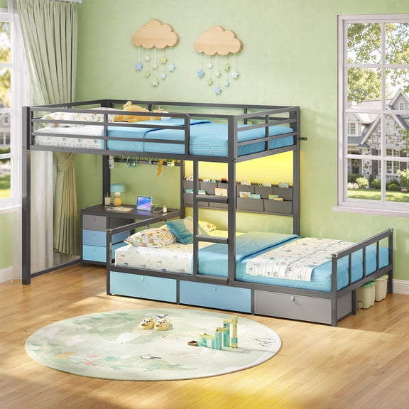 Bunk Bed Twin over Twin with Desk, 6 Storage Drawers & Charging Station, Metal Bunk Bed with RGB Lights, Guardrail & 10-Pocket Organizer, Grey