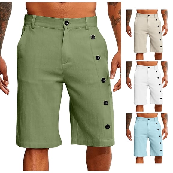 LiuXxxx Mens Linen Shorts Elastic Waistband Classic Fit Button Summer Beach Casual Shorts Green M