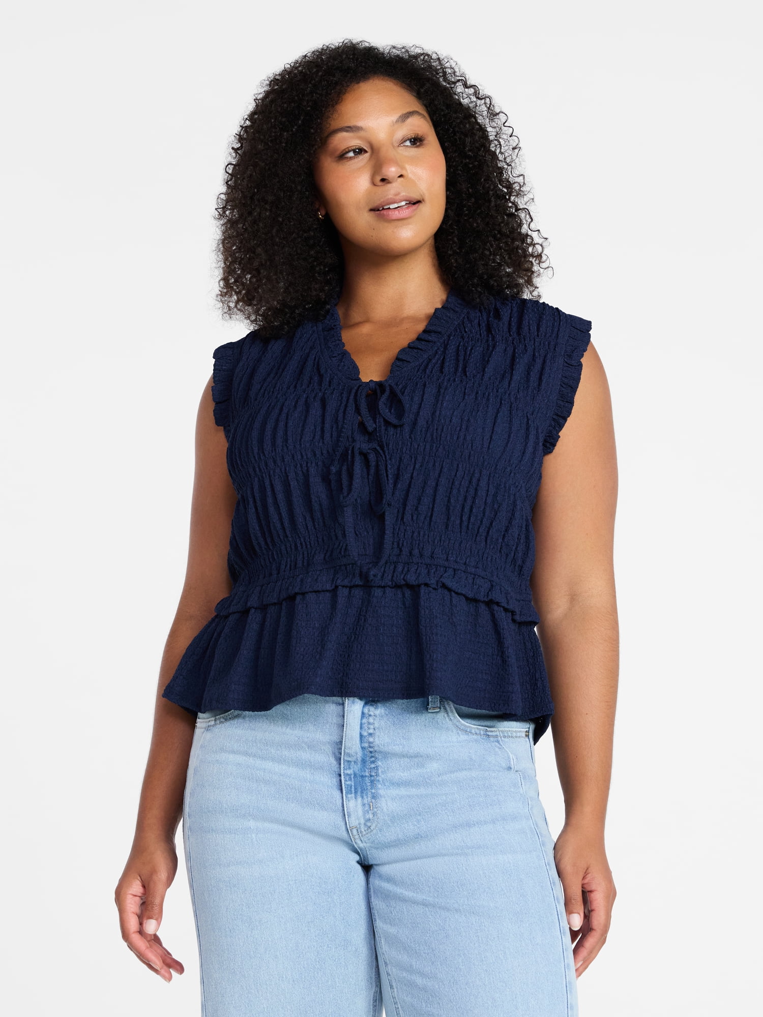 Time and Tru Women's Textured Tie Front Top, Sizes XS-XXXL