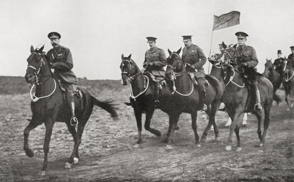 King George V and Lord Kitchener arriving at the parade ground near Aldershot for an inspection of Irish Soldiers Field Marshal Horatio Herbert Kitchener 1st Earl Kitchener 1850 Canvas Art - Ken Welsh
