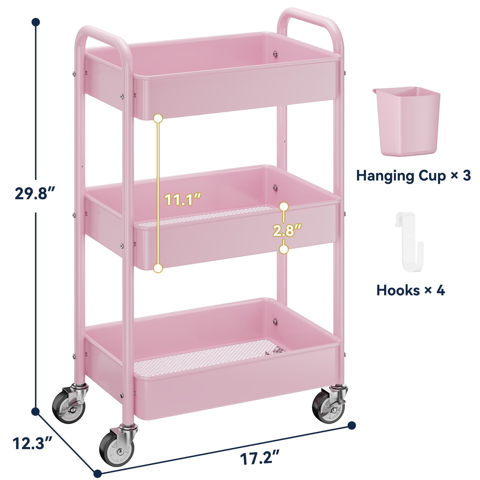 3 Tier Rolling Cart - Metal Utility Cart with Wheels, Hanging Cups, Hooks, Heavy Duty Mesh Rolling Storage Cart Organizer, Craft Cart for Kitchen Office, Lightweight and Sturdy