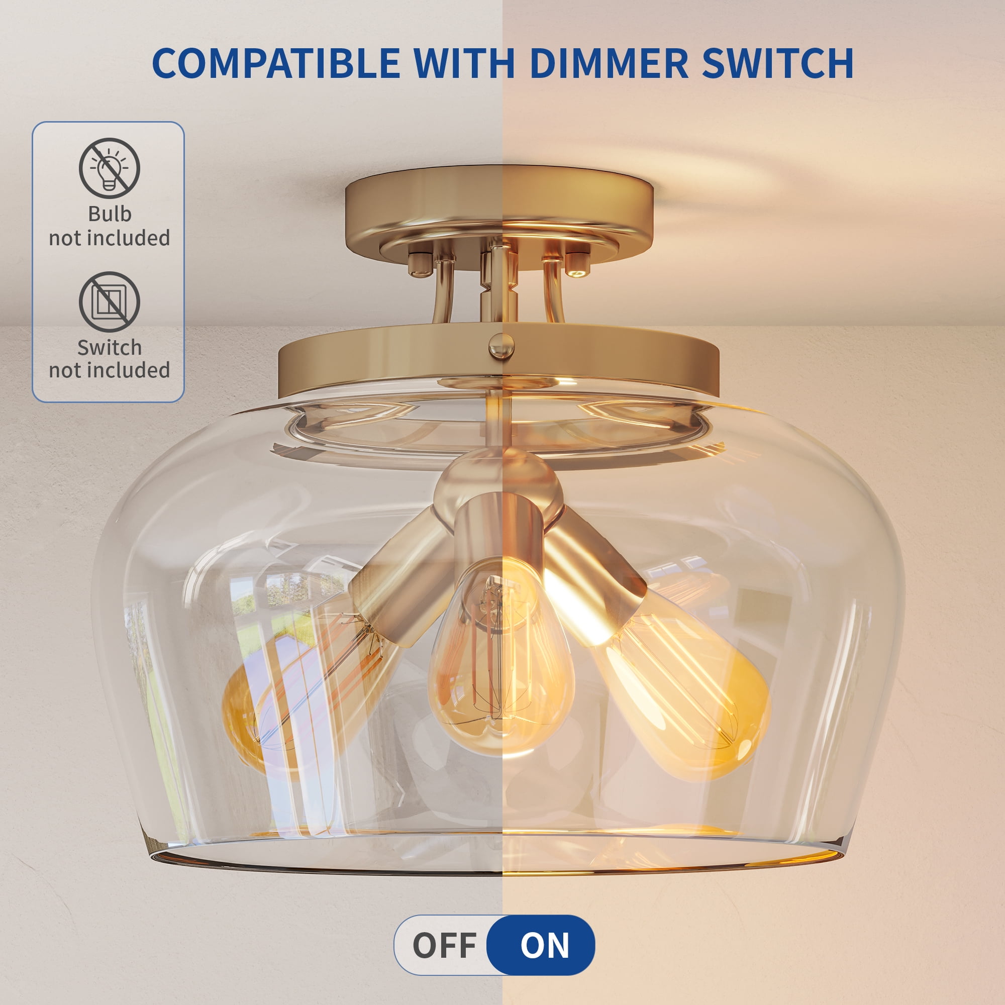 Uforic Semi Flush Mount Ceiling Light, Farmhouse Ceiling light with Clear Glass Shade, Modern Ceiling Light for Closet Dining Room Kitchen Hallway, Gold