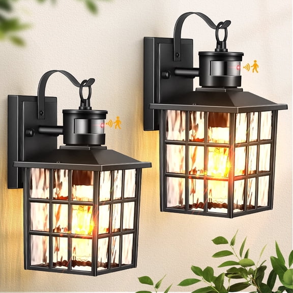 VIANIS Outdoor Wall Lights for House, 2 Pack Black Motion Sensor Porch Lanterns Wall Sconce, Modern Exterior Garage Light Fixtures Wall Mount, Waterproof Front Door Lights with Tempered Ripple Glass