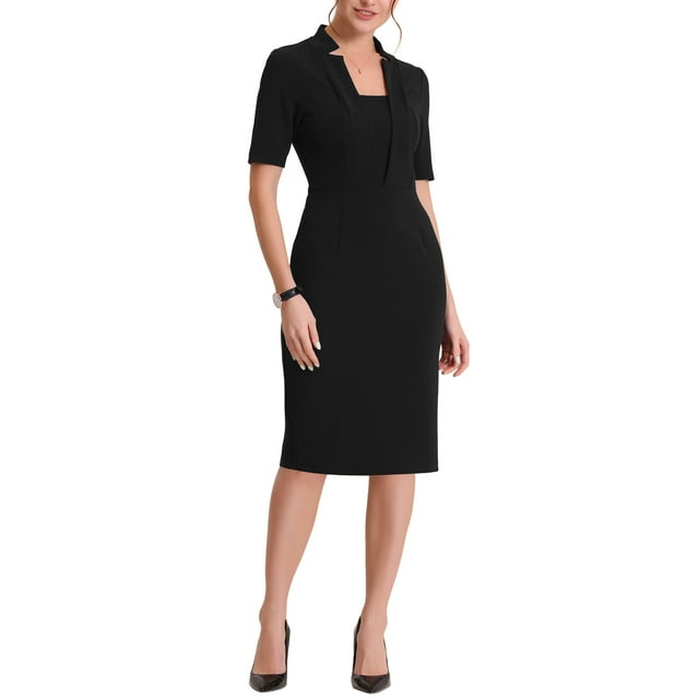 INSPIRE CHIC Robe Fourreau pour Femme Col en V Manches Courtes Tenue de Travail Robe Moulante Midi TP Noir