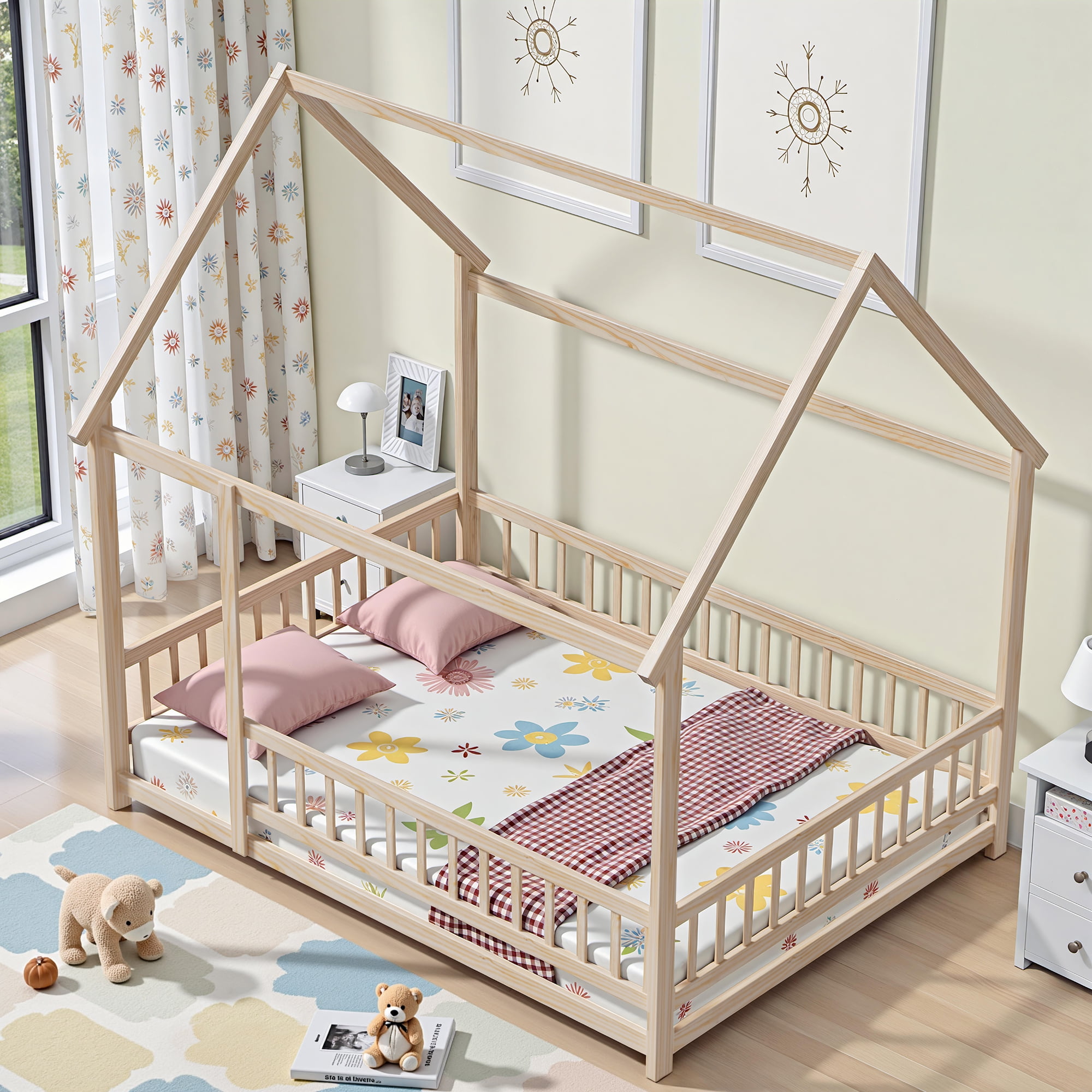 Full Size Floor Bed with Fence for Kids and Toddlers, Montessori Bed Playhouse Bed with Roof, Solid Wood Platform Bed Frame for Boys and Girls Bedroom, No Slats Included (Natural)