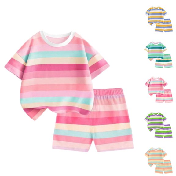 SGFCWSX Kids Short Sets Summer 2 Piece Soft Breathable Crew Neck Short Sleeve Striped Elastic Waist Casual Wear Pink Size 5-6 Years