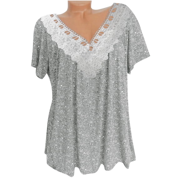 Samickarr Plus Size Summer Tops For Women Tops Dressy Casual Tunic Tops To Wear With Leggings Short Sleeves V-Neck Print Blouse Pullover Tops Shirt