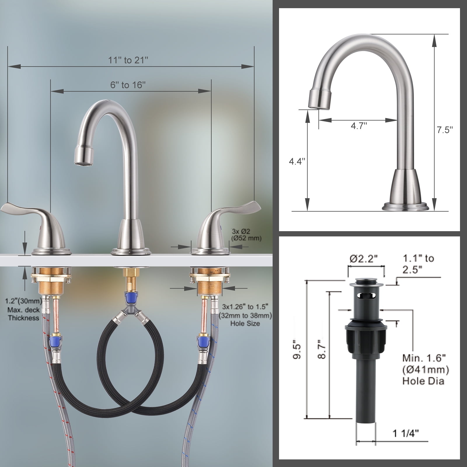 Brushed Nickel Bathroom Faucet 3 Hole, WOWOW 8 Inch Widespread Bathroom Faucet with Pop Up Drain, 2 Handles Bathroom Sink Faucet with cUPC Supply Lines Modern Faucet for Bathroom Sink