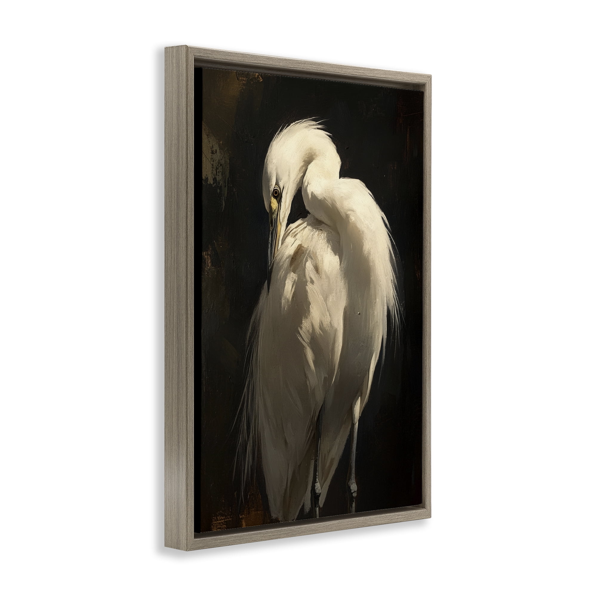 Stupell Industries Feathered Egret in Soft Light Brown Framed Floater Canvas Wall Art, design by Petal Prints Design