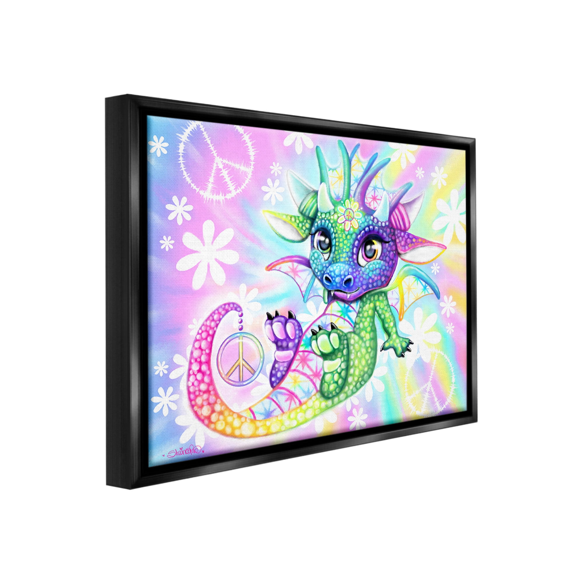 Stupell Industries Groovy Dragon Pattern Fairy Tales & Fantasy Painting Black Floater Framed Canvas Art Print Wall Art, 31 x 25