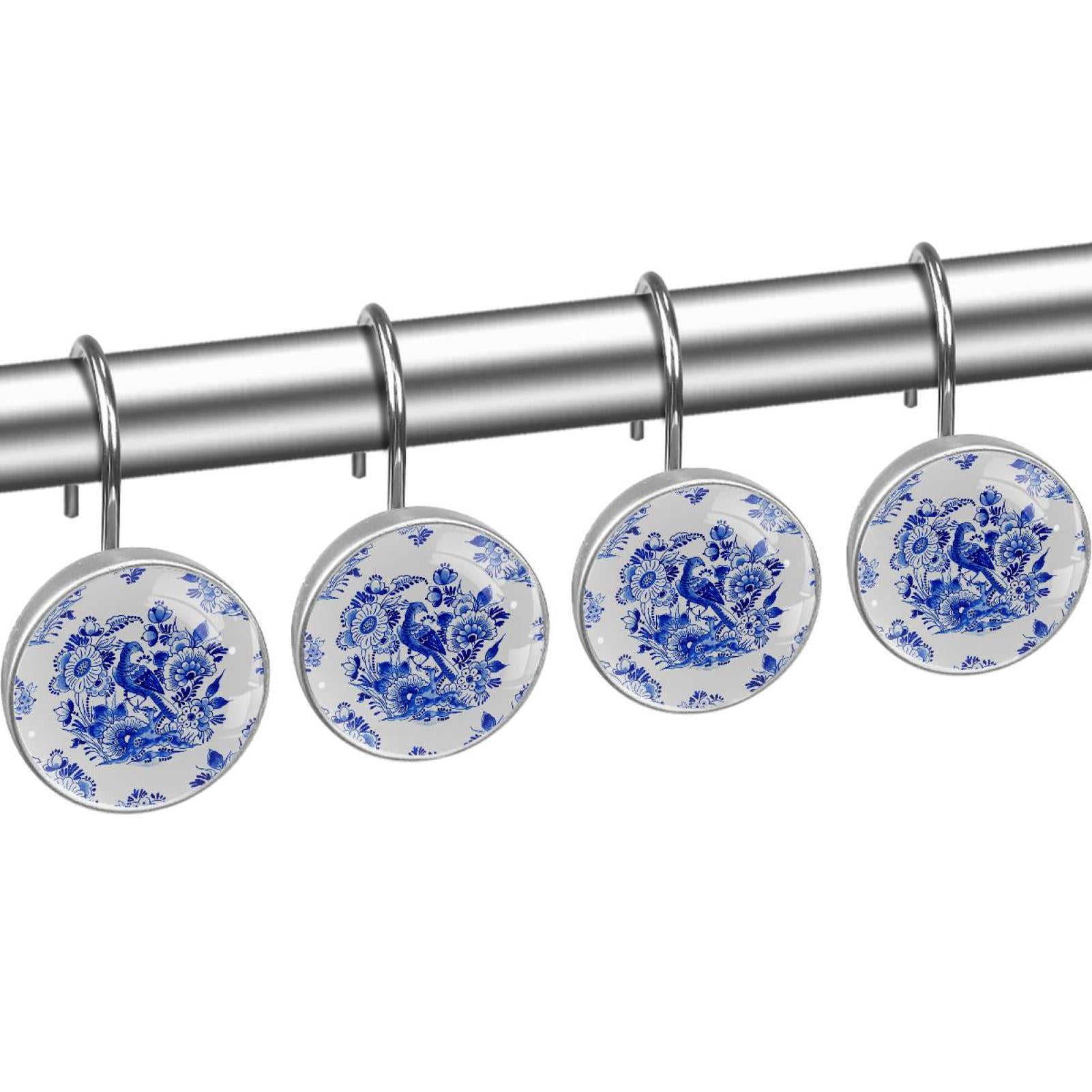 Blue Flower and Bird Shower Curtain Hooks（Set of 12）for Home Hotel Shower Rods Bathroom Crystal Glass Print Stainless Steel Round Curtain Hooks