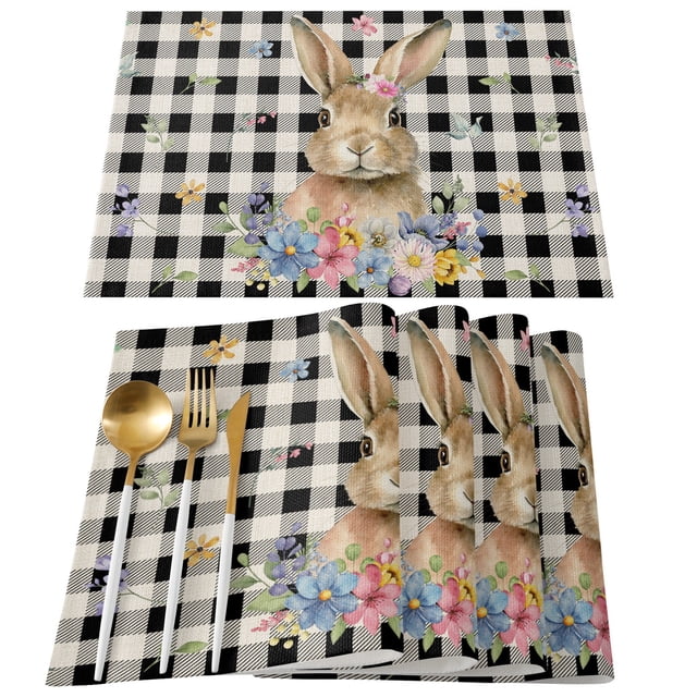 Binwennn Light Table And Mats Dinner Table Set for 6 with Easter Bunny Egg Pattern Linen Print Kitchen Dining Room Insulated Decorative Placemat(4)