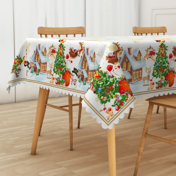 Nanqianyi Christmas Tablecloth Snowman Santa Rectangle Tablecloth 60 x 102 inch, Gold Snowflake Print Table Cover for Christmas Family Gathering