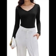 thumbnail image 1 of Camiseta Básica Ajustada de Punto Acanalado con Cuello en V y Larga para Mujer Negro XL, 1 of 7