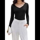 thumbnail image 1 of Camiseta Básica Ajustada de Punto Acanalado con Cuello en V y Larga para Mujer Negro L, 1 of 7