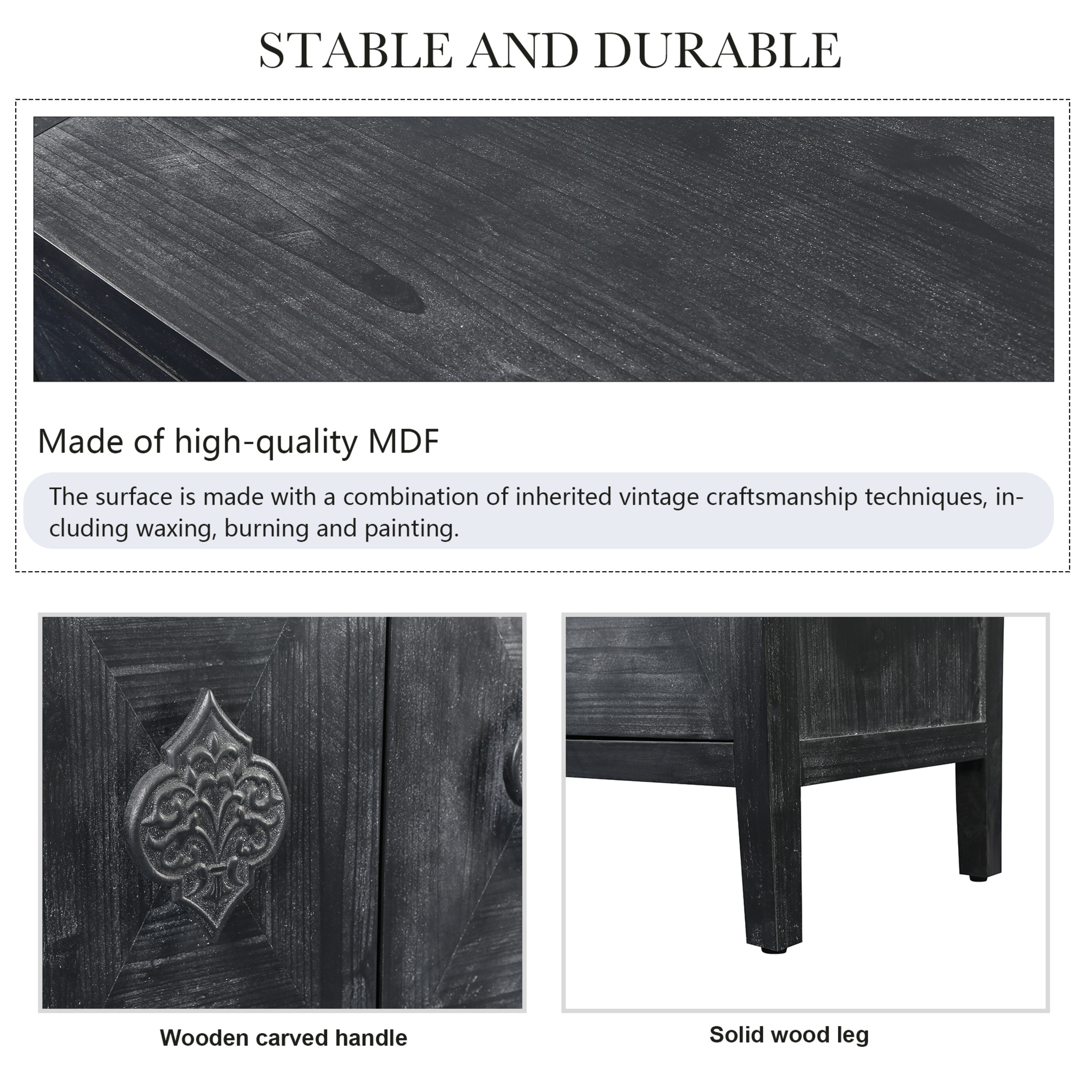 Noble House Carved Flower Door Handle, Antique Four Door Cabinet for Living Room Kitchen Hallway, Antique Black