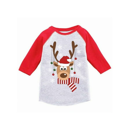 

Awkward Styles Boys Girls Ugly Xmas T-Shirt Deer in Red Xmas Hat Toddler Raglan Shirt