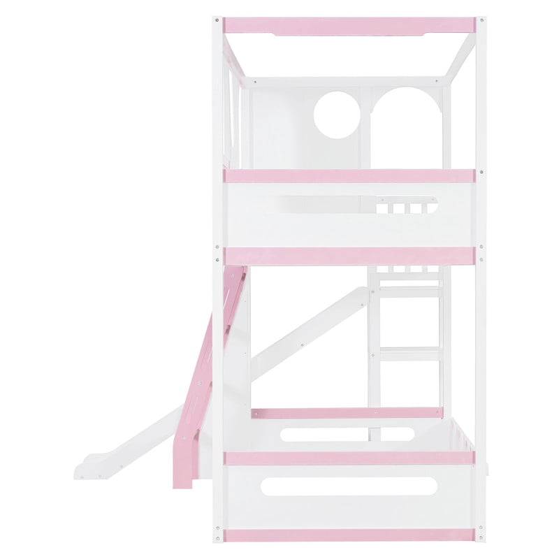 Twin Size Versatile Kids Loft/Bunk Bed with Floor Bed, House Bed Frame with Slide, Storage Shelves and Guardrails