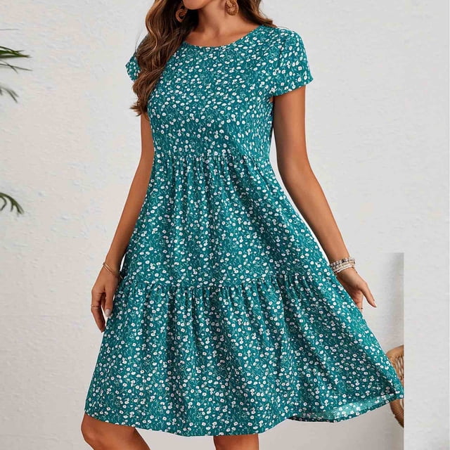 Liquidation d'Été 2025! Robe d'Été en Liquidation pour Femmes, Mode Femmes Imprimé Floral Manches Courtes Robe Confortable Col Rond Tenue de Vacances d'Été Élégante Robes à Volants Florales