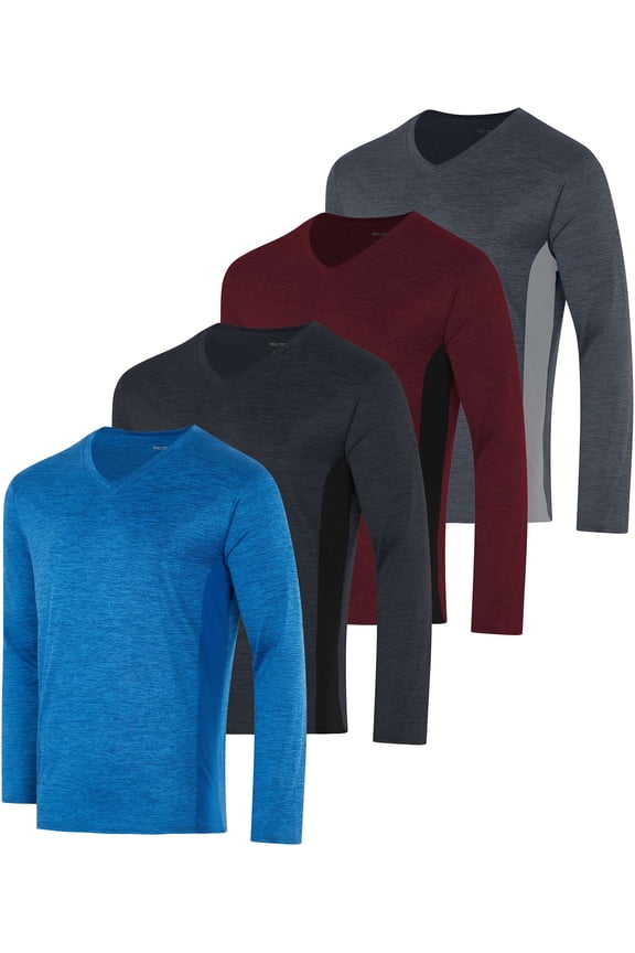 4 Pack: Men's Dry Fit Long Sleeve V-Neck Active T-Shirt - Athletic Outdoor UPF 50+ (Available in Big & Tall)