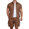 thumbnail image 5 of Bpyeka Men's Big & Tall Casual Two-Piece Matching Set, Button Down Collar Short Sleeve Shirt & Drawstring Cargo Shorts, Multi-Pocket Workwear Outfit, 3XL-5XL, 5 of 8