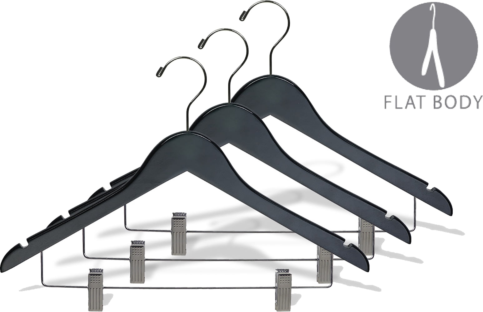 Black Wood Combo Hanger w/ Cushion Clips, Box of 25 Space Saving 17