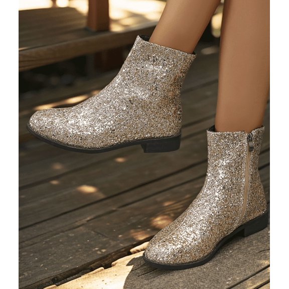 Women Glitter Sequin Flat Ankle Boots, Round Toe Side Zipper Sparkly Fashion Booties for Party Club Evening Dress