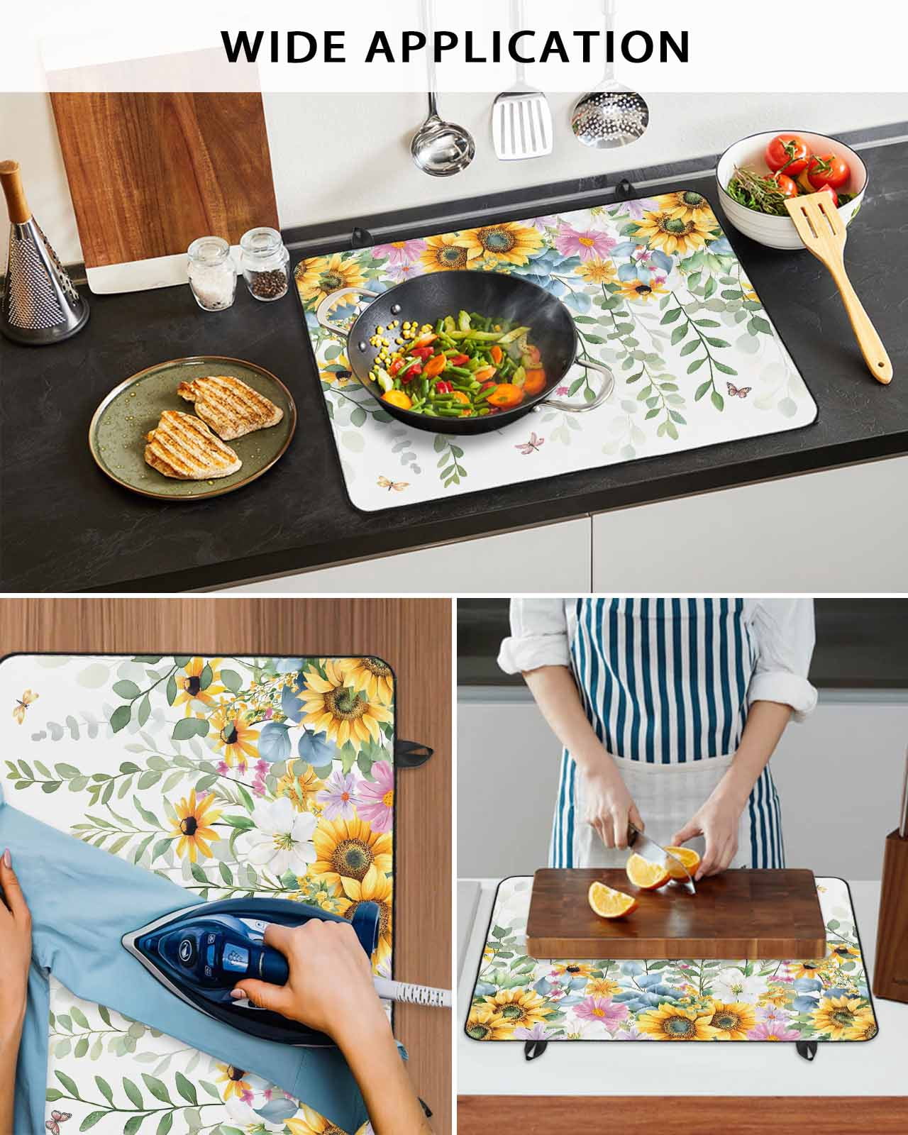 nqOlkjepod Large Induction Cooktop Protector Mat 24"x21", Sunflower Stove Top Covers for Electric Stove, Yellow Green Summer Botanical Watercolor Stove Burner Cover Mats, Glass Top Stove Cover
