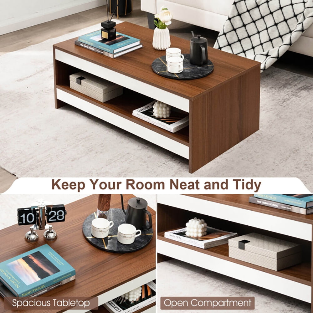 Finihen Coffee Table, Wooden Coffee Table, 37 Inch 2-Tier Rectangle Wooden Coffee Table with Storage Shelf, for Living Room, Reception Room, Office, Wulnat Finihen Coffee Table, Wooden Coffee Table, 37 Inch 2-Tier Rectangle Wooden Coffee Table with Storage Shelf, for Living Room, Reception Room, Office, Wulnat