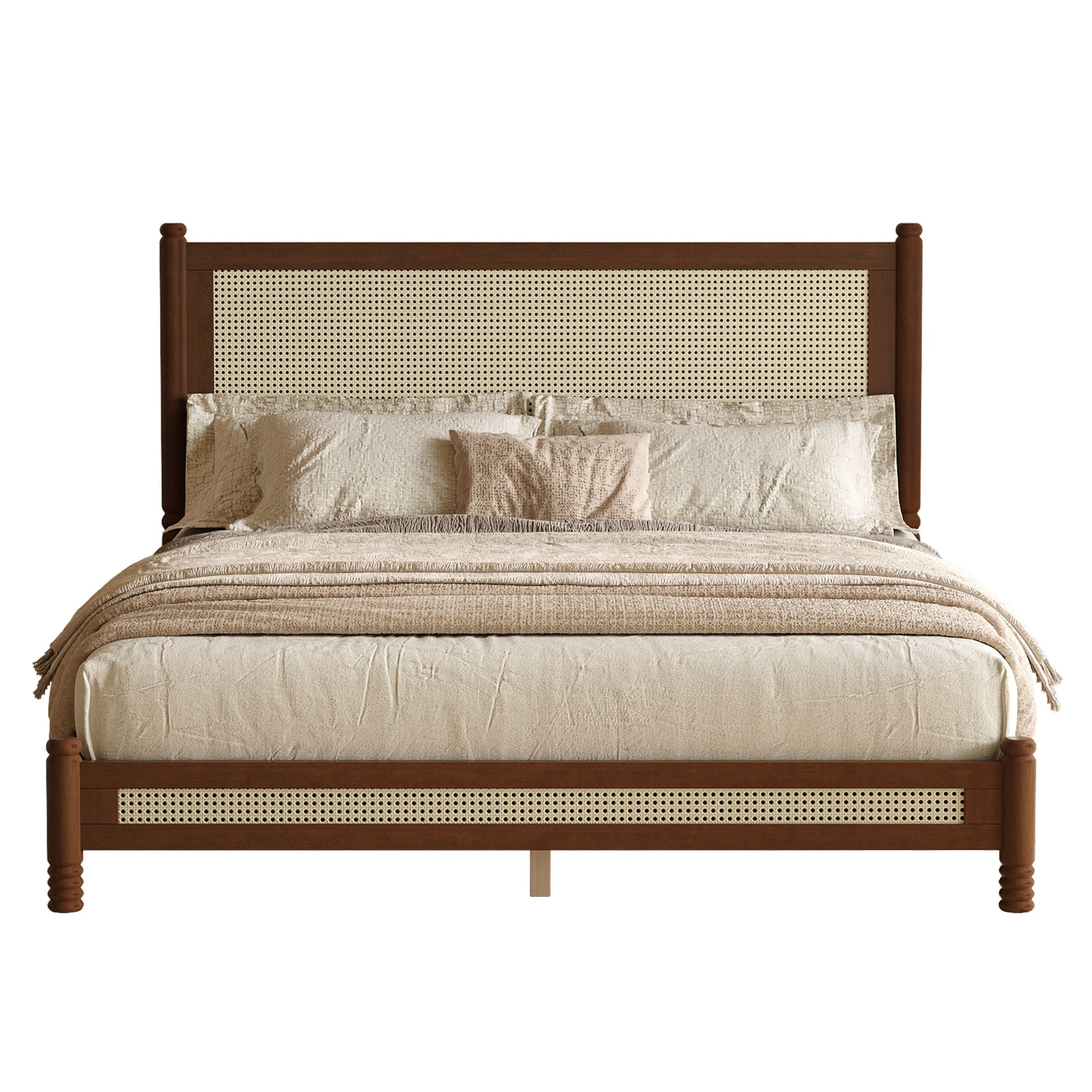 GDF Studio Annes Queen Size Boho Rattan Platform Bed Frame with Turned Legs, Woven Cane Pine Wood Bed Frame, Walnut