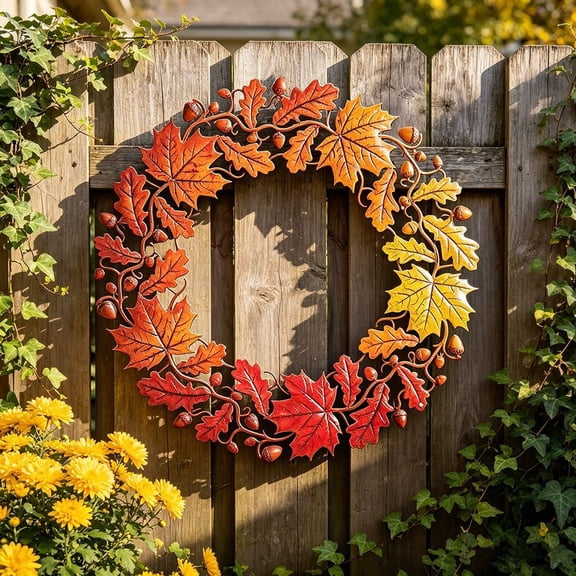Metal Wall Art Decor with Gradient Fall Leaves and Acorns, Rustic Iron, for Living Room and Front Porch, Fall Wall Decoration