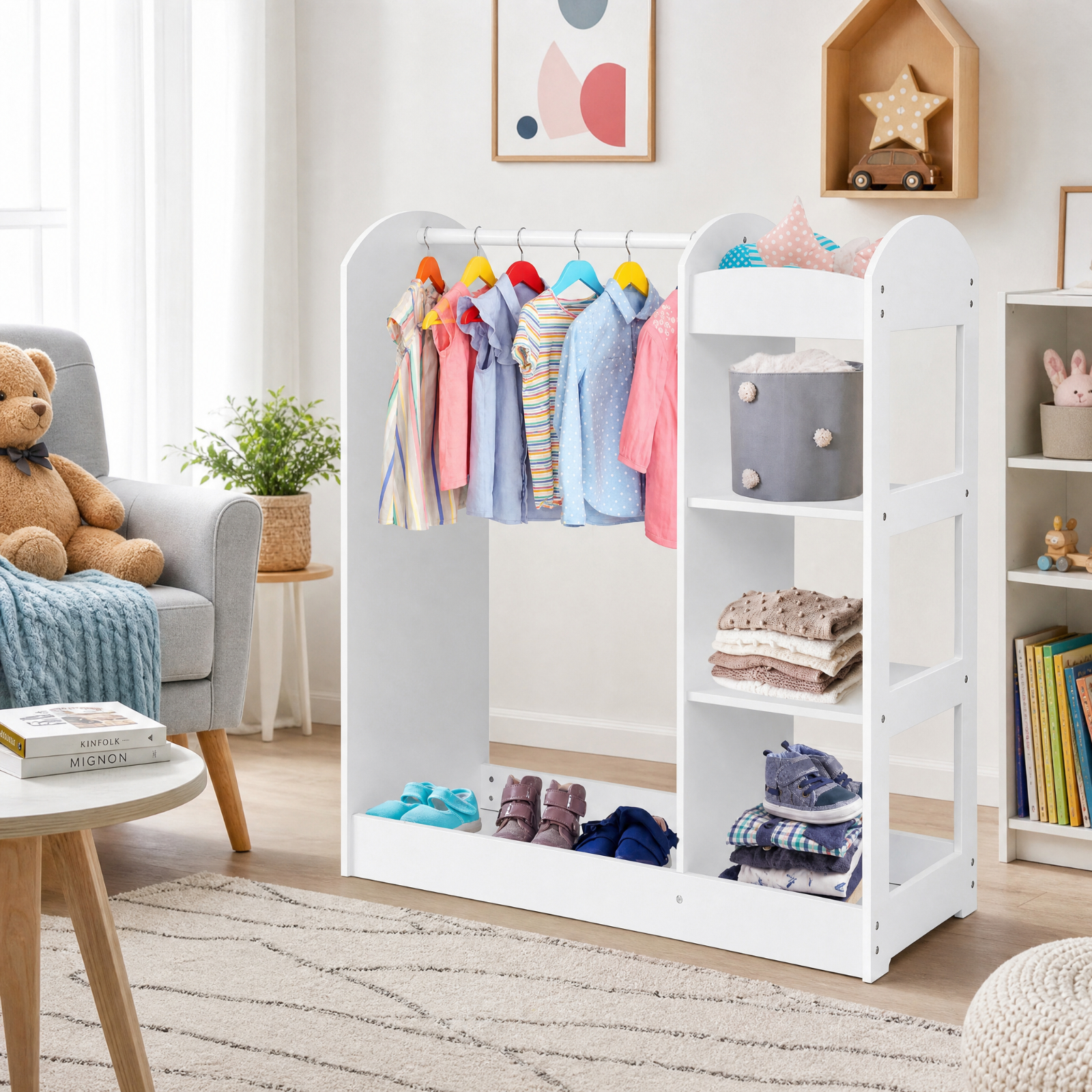 Furnibear Kids Dress Up Storage with Mirror, Costume Wardrobe Closet Organizer with Hanging Rod and Open Shelves for Kids Bedroom Playroom, White