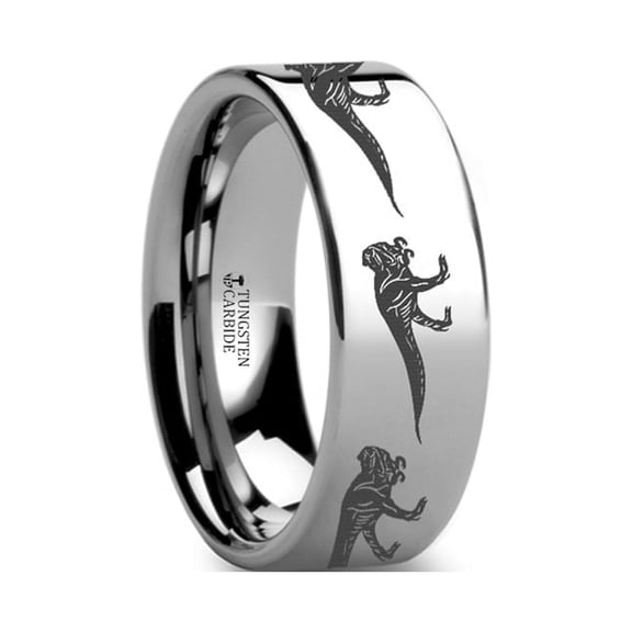 Dinosaur Ring T-Rex Tyrannosaurus Rex Ring Prehistoric Paleo Engraved Flat Black Tungsten Ring - 4mm - 12mm