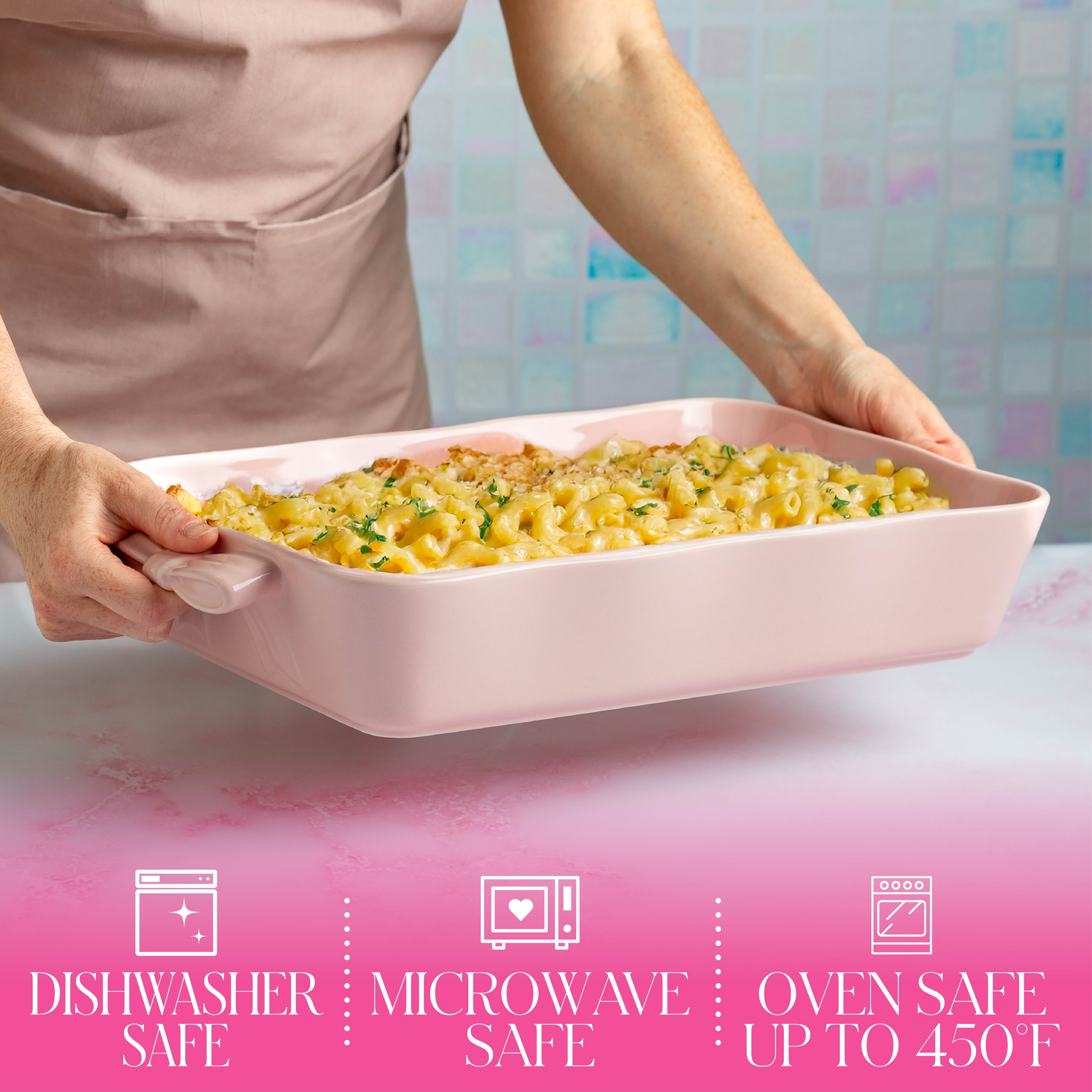 Paris Hilton Ceramic Stoneware Rectangular Lasagna Baker, 13 x 9 x 2.5 Inches, Oven Safe to 450°F, Dishwasher & Microwave Safe, Pink with Bow Handles