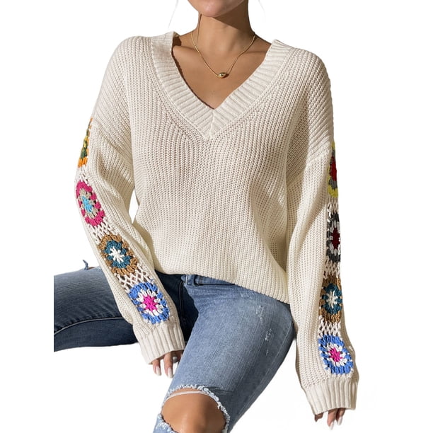 Suéteres de Punto de Larga con Estampado Floral Bohemio Clásico para Mujer, Estilo Informal, para Otoño e Invierno 2025. Albaricoque S
