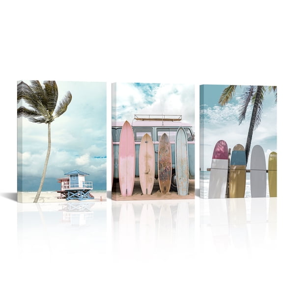 Furnster Cool Summer Beach Canvas Wall Art Surfboard Print Art Picture for Dining Room, Bedroom (12'' x 16'' x 3 Panels)