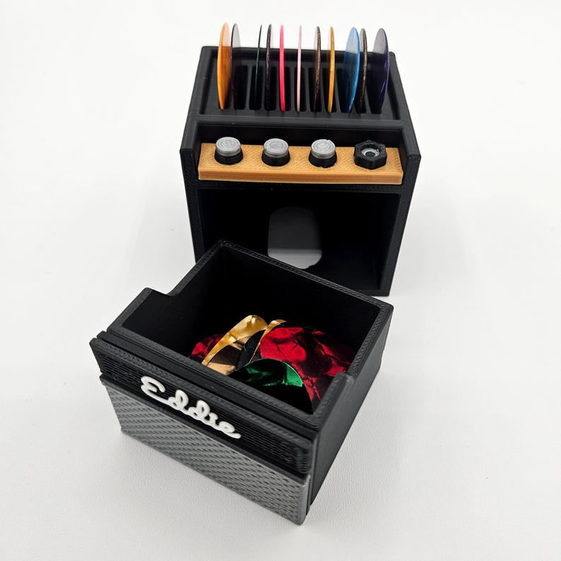 Customizable 3D Printed Guitar Amp Pick Holder with Drawer | Holds on Top + Extra Storage - Great Fathers Day Gift!
