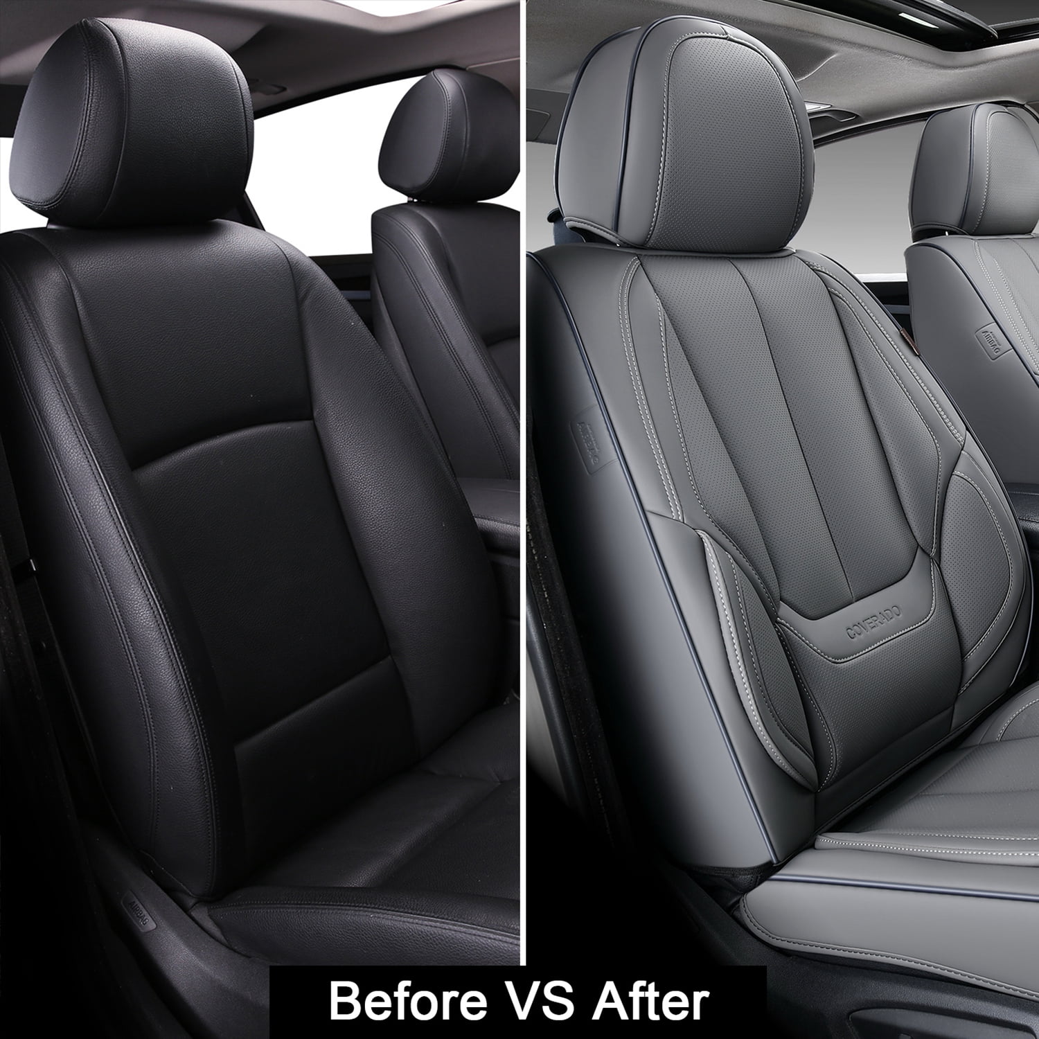 Coverado Gray Front Car Seat Covers, Stylish Waterproof Premium Leather Automotive Seat Protectors, Airbag Compatible Auto Interior Accessories Universal Fit for Most Cars SUV Pick-up Trucks