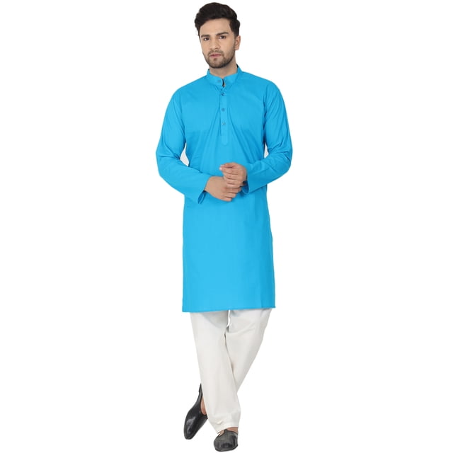 SKAVIJ Ensemble Kurta Pyjama Homme Coton Manches Longues Soirée Yoga Turquoise L