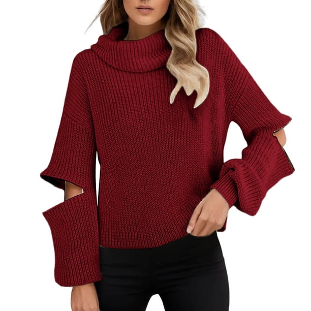 Gibobby Suéter para mujer, Suéter Isidora de Manga Larga con Cuello Alto Suter para Mujer(Rojo,CH)