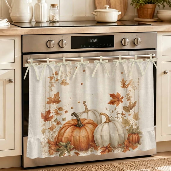 Oven Skirt Curtain for Kitchen 21.5x30 Inch, Orange White Pumpkin Fall Oven Curtain with 8 Ribbon Ties & Ruffle Trim, Stove Skirt Curtain Dishwasher for Cabinets Thanksgiving Botanical Leaves Rustic
